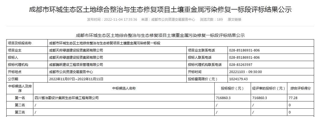 成都市环城生态区土地综合整治与生态修复项目土壤重金属污染修复一、二标段评标结果公示