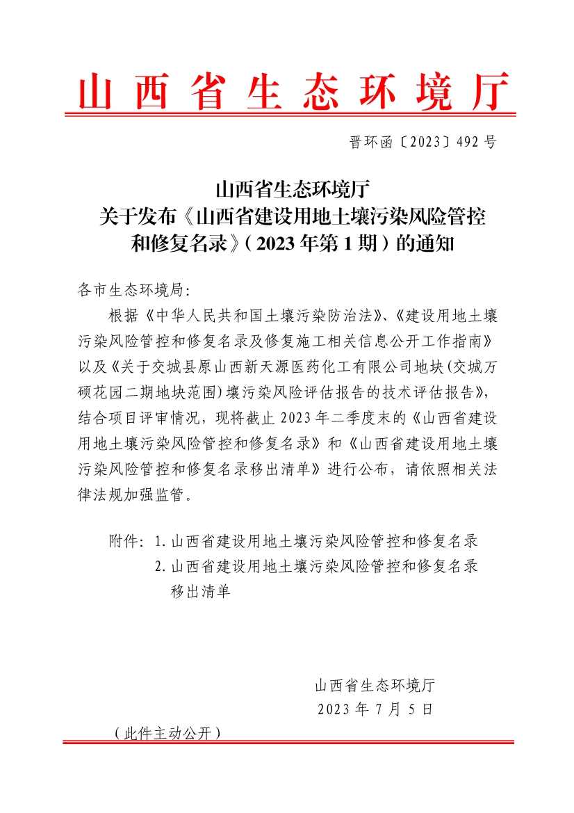 《山西省建设用地土壤污染风险管控和修复名录》（2023年第1期）发布！