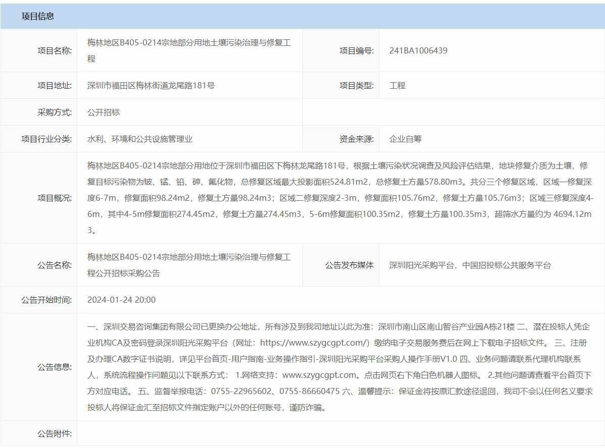 深圳梅林地区B405-0214宗地部分用地土壤污染治理与修复工程公开招标！