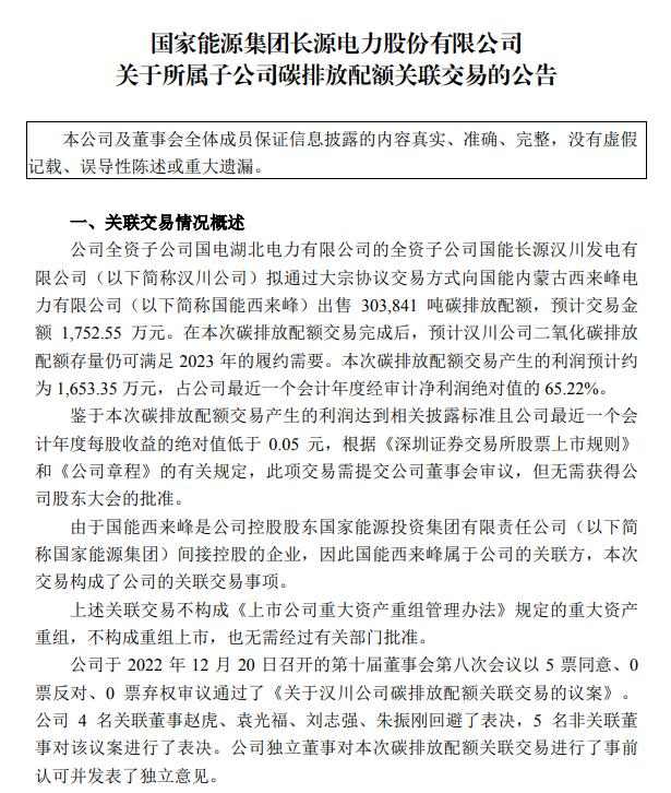 长源电力：全资孙公司拟出售30.38万吨碳排放配额