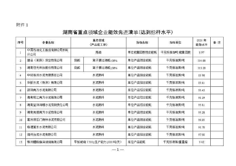 湖南省重点领域企业能效水平清单目录公示